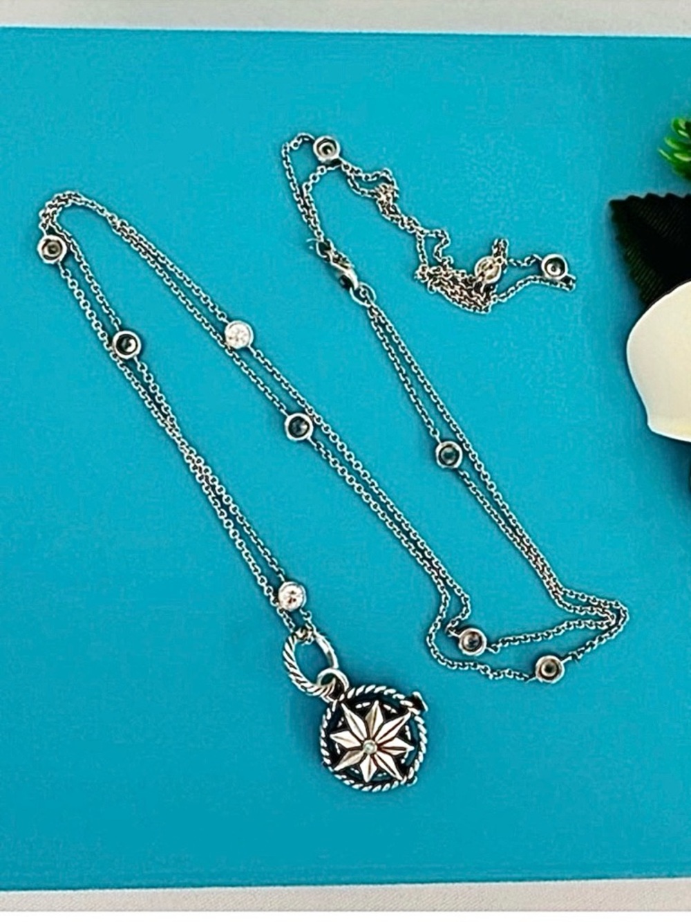 BRIGHTON ~ Long Necklace w/Crystals Silver Compass Pendant Blue Small Stone